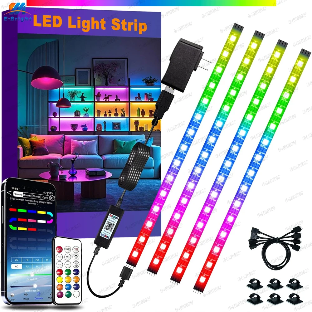 RGB Led Light Strip With APP & Remote Control, Multi-color Music Sync Changing Strip Lights for Cabinets Shelf TV Kitchen