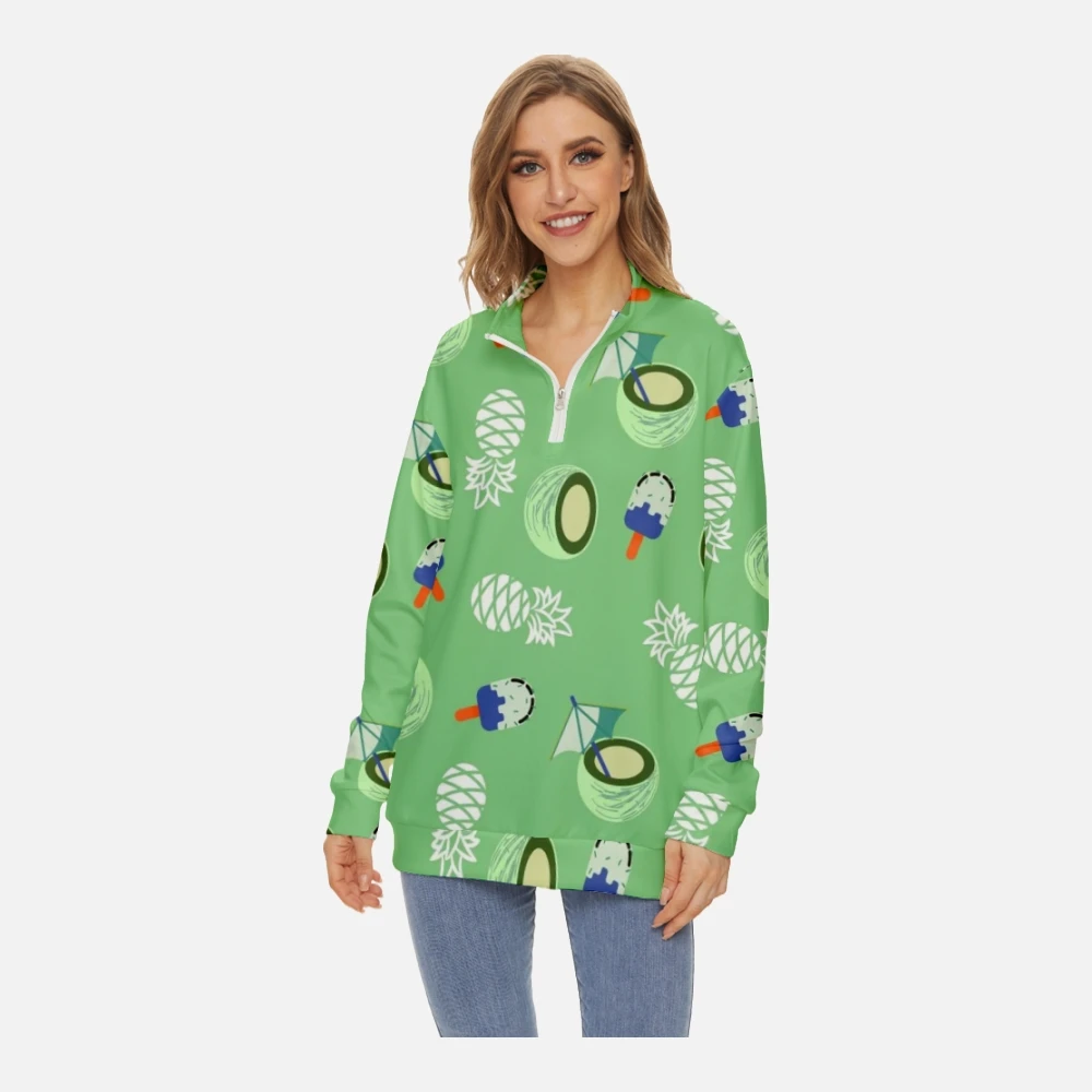 Women Hawaii Fruit Printing Fashion Sweatshirt Long-sleeved Half Stand Collar Zip Crew Neck Sweatshirt Spring Long Sleeve