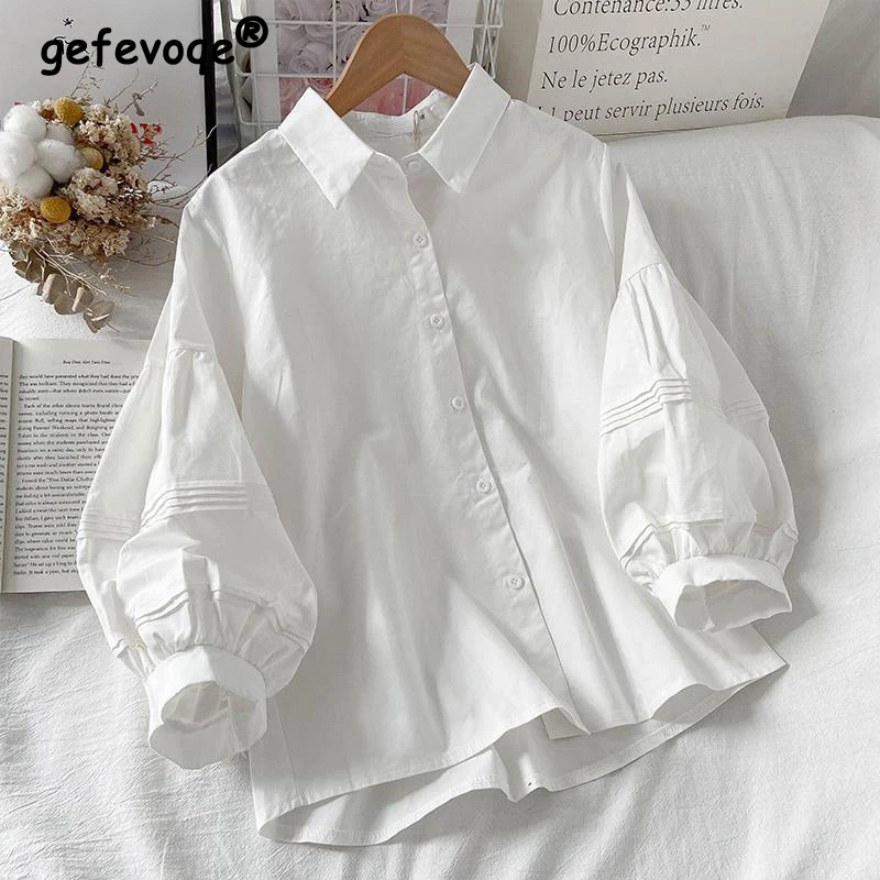 Office Lady White Lapel Shirt Solid Long Sleeve Women\'s Clothing Tops Puff Sleeve Blouses Casual 2022 Autumn Loose Button Shirt