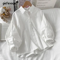 Office Lady White Lapel Shirt Solid Long Sleeve Women's Clothing Tops Puff Sleeve Blouses Casual 2022 Autumn Loose Button Shirt