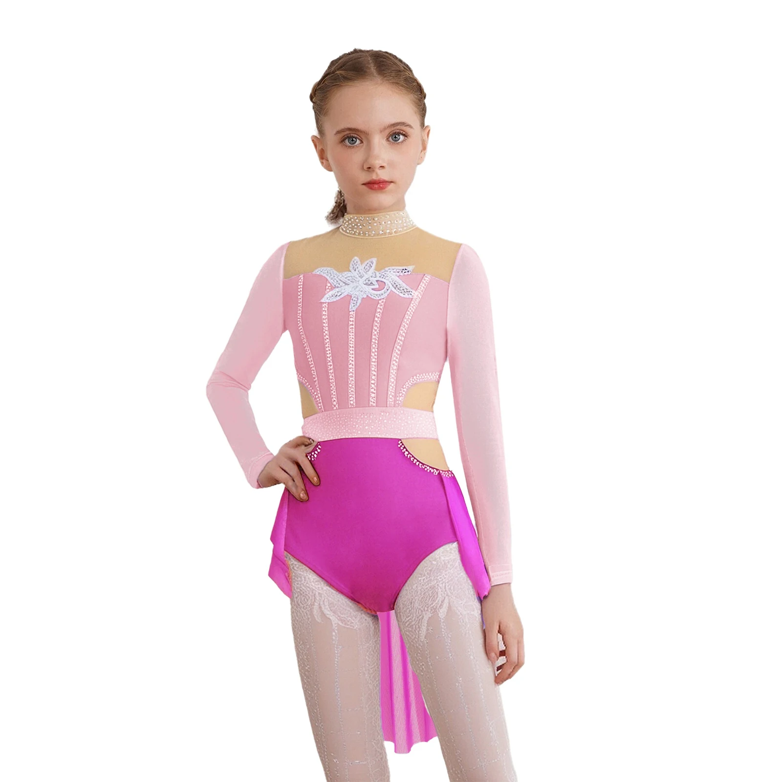 

Kids Girls Ballet Dance Dress Long Sleeve Sequin Applique Rhinestones Color Block Mesh Splice Skirted Leotards Lyrical Dancewear