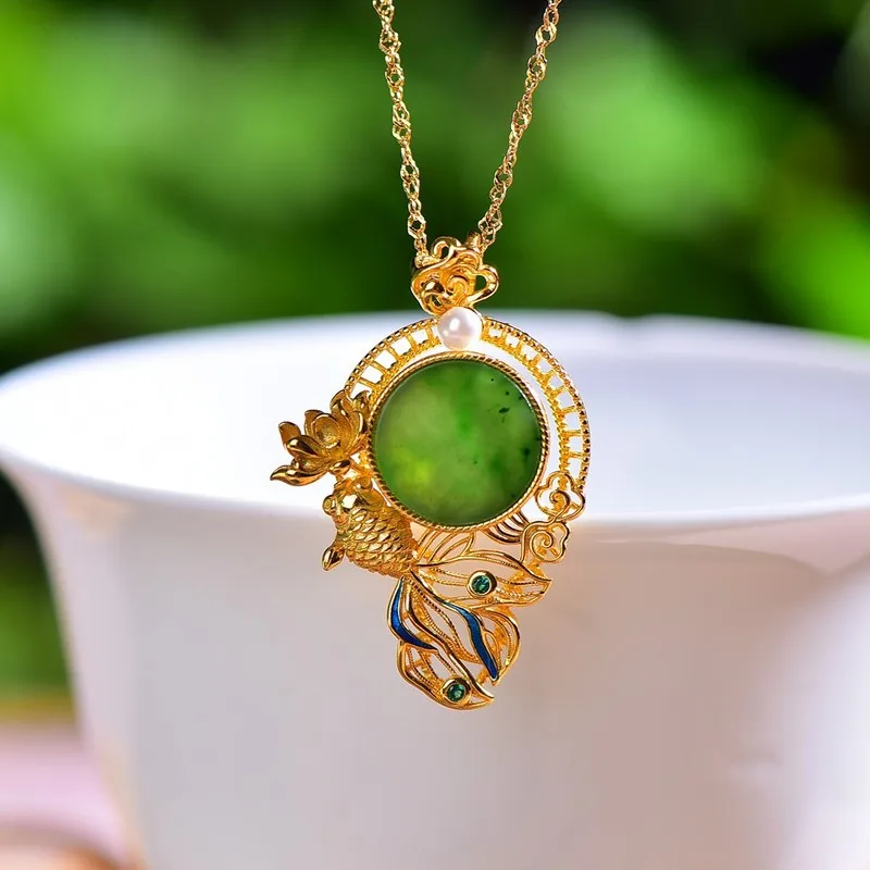 S925 Silver Inlaid With Hetian Jade And Green Jade, Round Flat Enamel Pendant With Fish Motif And Multi-Treasure Design