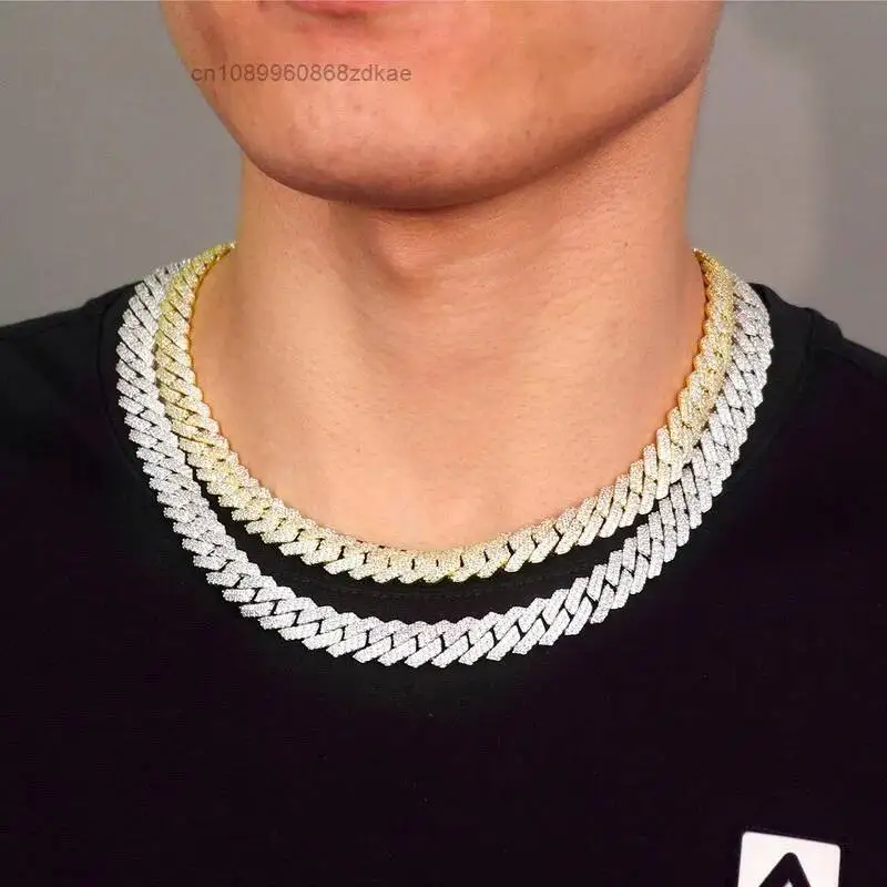 Fashion Hip Hop Style 12mm Cuban Link Chain 2 Rows Iced VVS Diamond Moissanite 925 Sterling Silver with White Gold Plating Rock