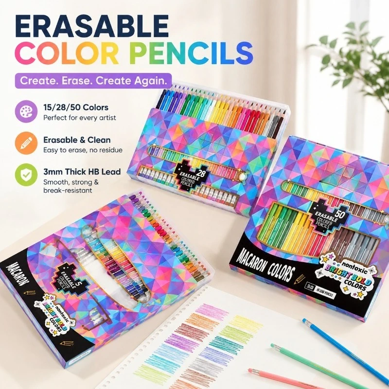 Erasable Colored Pencils Set - 28/50-Piece Macaron Series, 3mm Thick HB Lead, Art Supplies with Eraser for Drawing