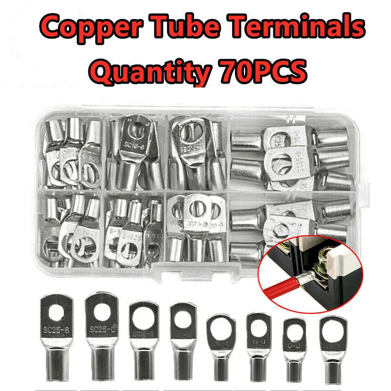 70pcs Copper Lug Ring Wire Connector Welding Bare Cable Electric Crimp Connectors SC25-6 SC16-8 SC16-6 SC10-8 SC10-6 SC6-8 SC6-6