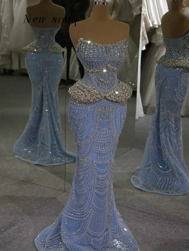 

Светло-голубые вечерние платья-русалки без бретелек с кристаллами 2026: Элегантные длинные платья для свадебных приемов и торжественных мероприятий, на заказ