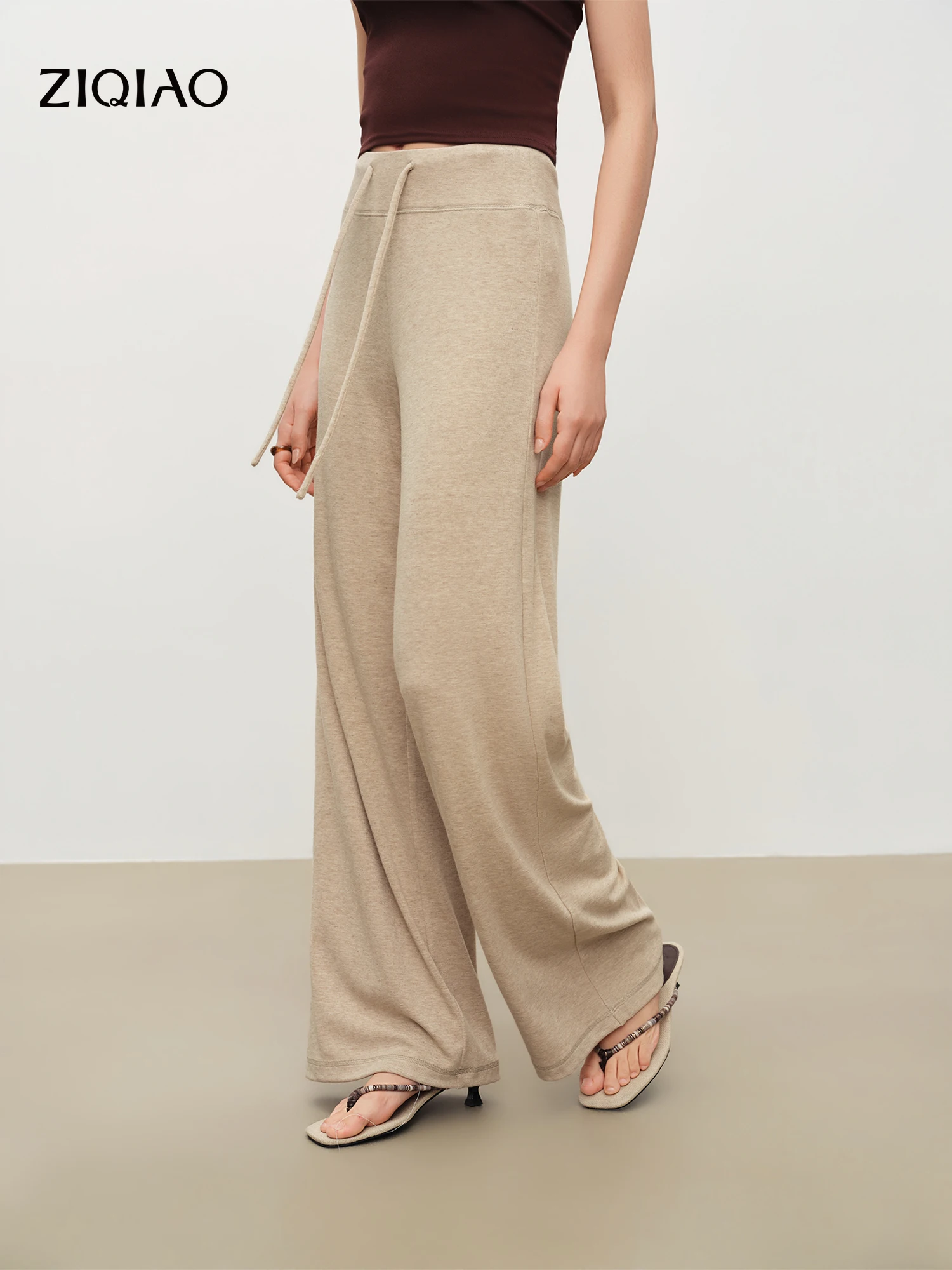ZIQIAO Damen-Jogginghose mit weichem, fließendem Fall, Kordelzug, breitem Bund, mittlerer Stretch, geradem Bein, Freizeithose, einfarbig, für den Alltag und Reisen
