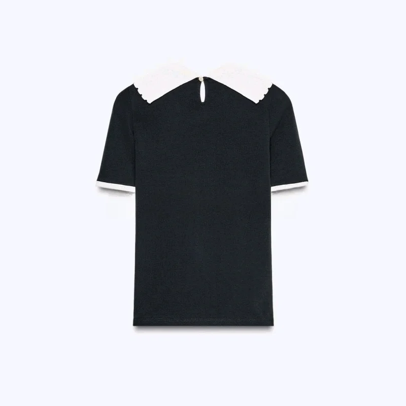 تي شيرت نسائي شتوي بلون بلو مع ياقة ort Sve نسيج بوليستر تصميم كاجوال بعقدة مقاس 56449