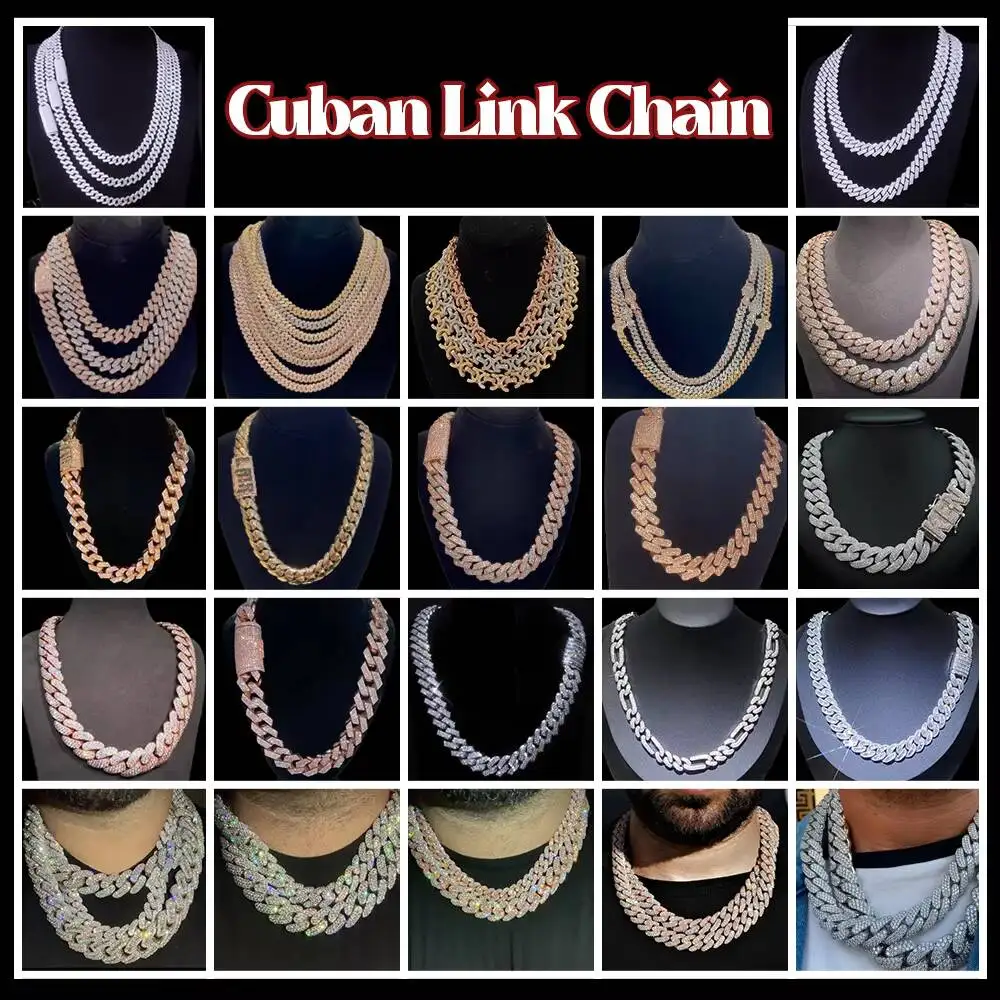 Luxury Super Shining Moissanite Cuban Chain Hiphop Necklace 8mm Custom Small Size Real 925 Silver Cuban Link Chain.