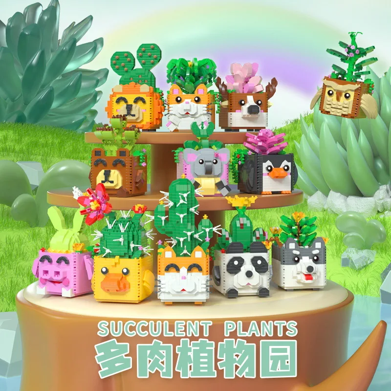 Potted Building Blocks Flower Cartoon Panda Erha Piglet Flower Pot Cactus Succulent Potted Model Brick Children's Toy Gift