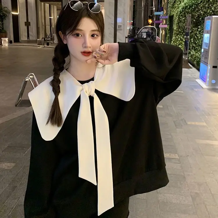 

Bow Doll Collar Sweatshirt for Women New Style Loose Sweet Hoodless Petite Fashionable Age-reducing Top