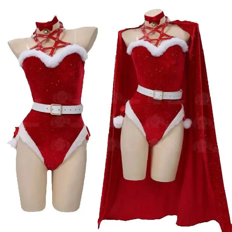 Women's Gothic Christmas Witch Cosplay Costume Uniform Party Outfit Lolita Bunny Girls Red Bodysuit with Stockings Lingerie Set
