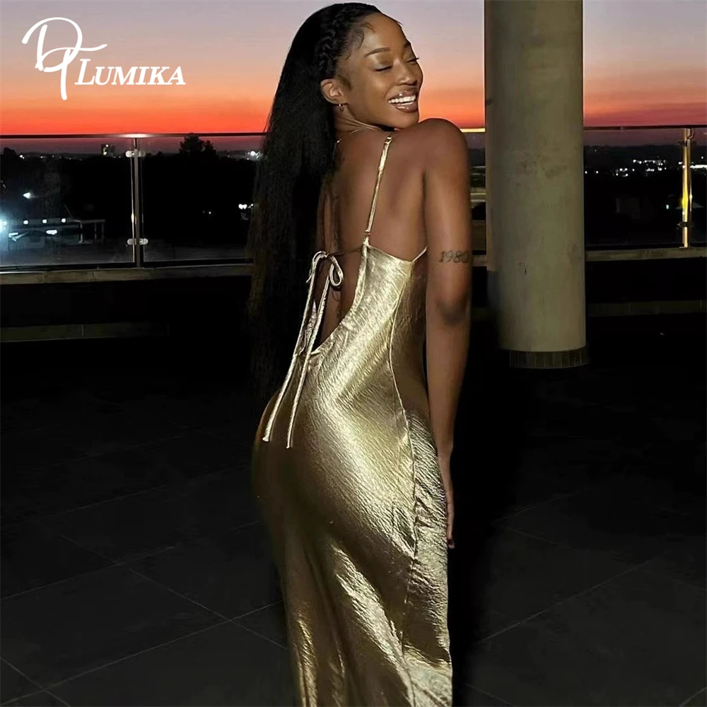 DTLumika Metallic Gold Sheath Long Party Dress Spaghetti Straps Women's Sexy Dress for Cocktail, Dating, Dinner Photo Shot