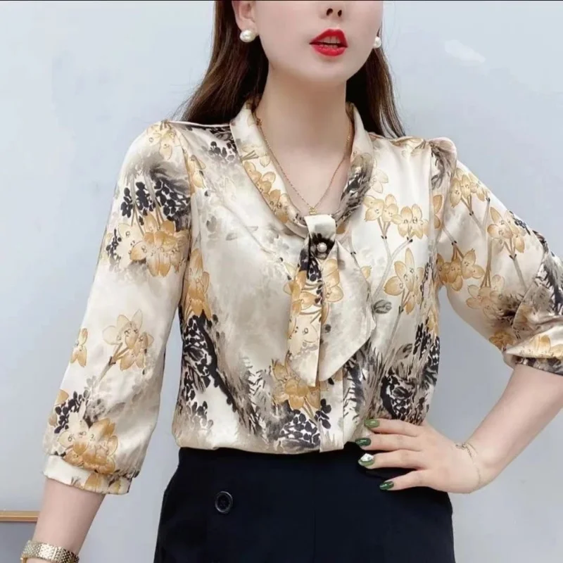 Women's Spring/Summer Style Chiffon Shirt Women's Casual Half Sleeve Bow Neck Printed Mom's Large Shirt Top Womens Tops 2023