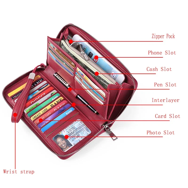 Unisex Women's Long Wallet for Men Business ID Credit Card Holder Girl Gift RFID Blocking Clutch Organizer Zipper Leather Purses