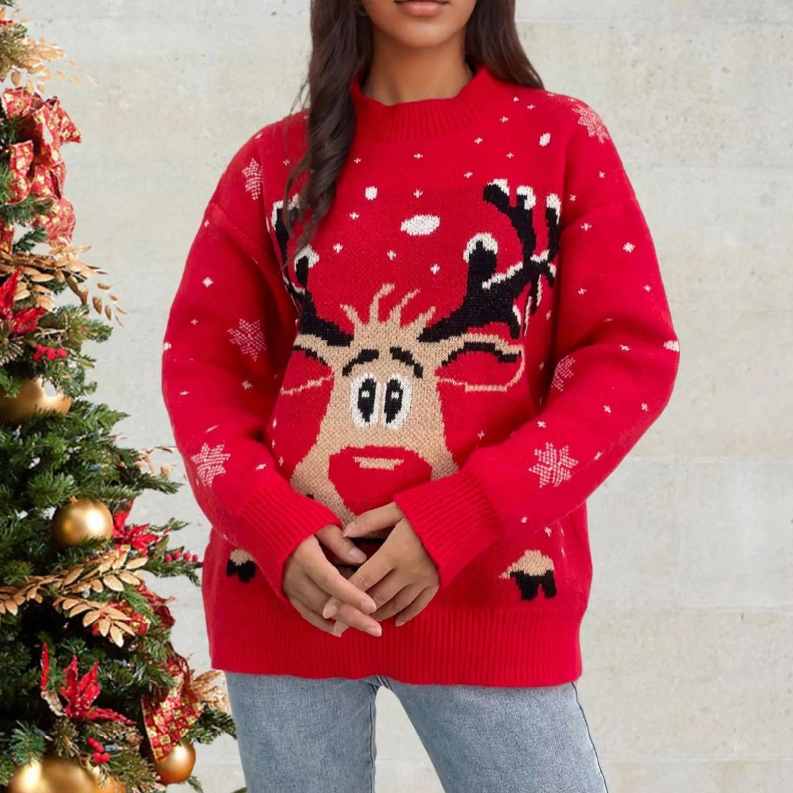 

2024 Women Men Christmas Warm Sweaters Autumn Winter Loose Reindeer Print Crew Neck Long Sleeve Pullover Knitted Xmas Tops