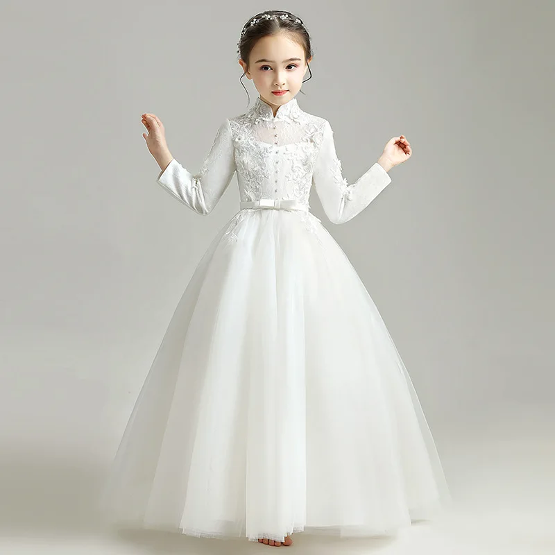 Child Luxury White Puffy Party Maxi Dresses for Elegant Girls 3-12 Year Evening Pageant Tulle Frock Long Sleeves Cocktail Dress