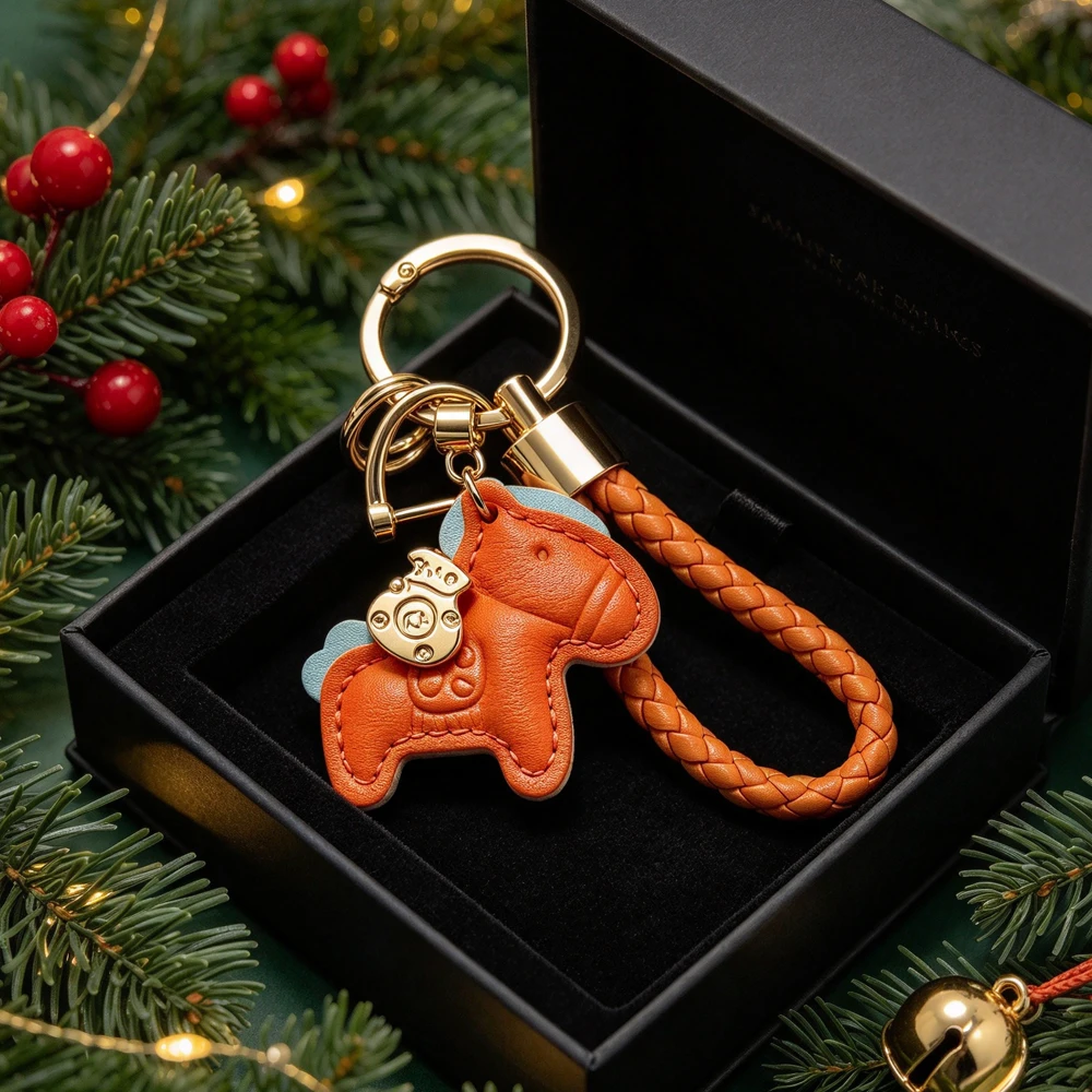 1 Stück Pferde-Schlüsselanhänger aus PU-Leder – leuchtendes Orange- und Blau-Farbschema, geflochtenes Seil und Metallring-Schnalle, Valentinstagsgeschenk, Taschenaccessoire, stilvoller Schlüssel-Organizer, Anime-Thema, langlebiger Schlüsselanhänger – Detail 1