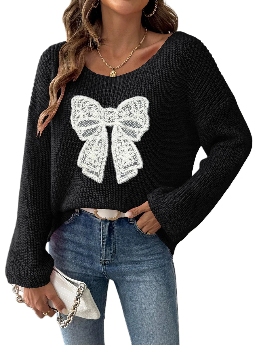 Women Knit Sweater Long Sleeve Crew Neck Bowknot Pullover Warm Sweater for Fall Winter