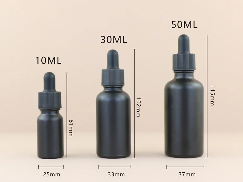 Botellas cuentagotas vacías de 10/30/50ml, aceite esencial de vidrio, líquido de aromaterapia, botella de pipeta de masaje negra mate rellenable
