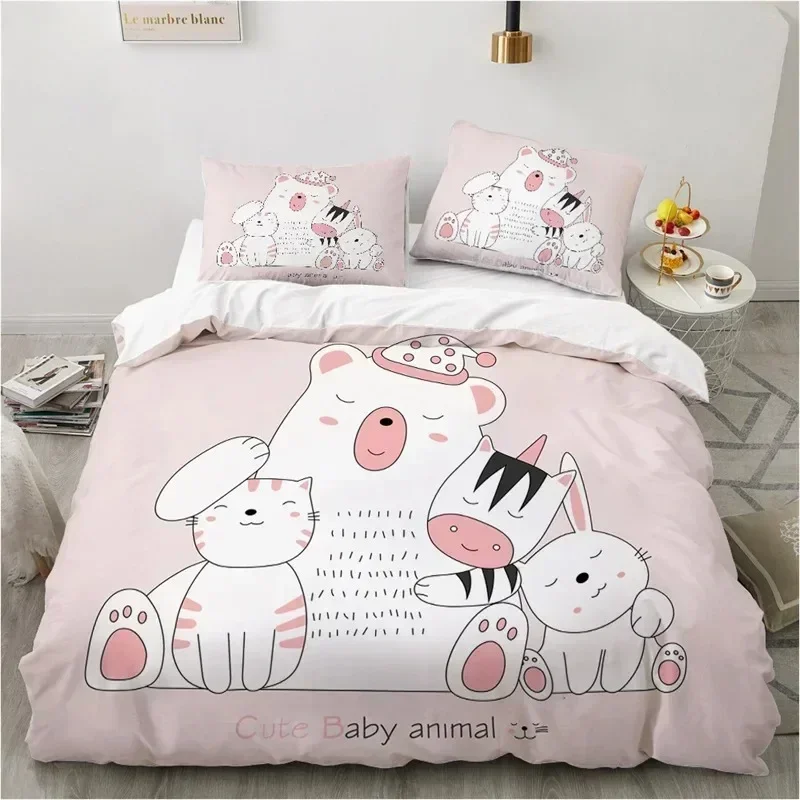 

Top Cute Cartoon Animals Pink Toddler Bedding Set 3D Funny Cat Print Duvet Cover Twin Queen For Teens Kids Girls Bedroom Decor