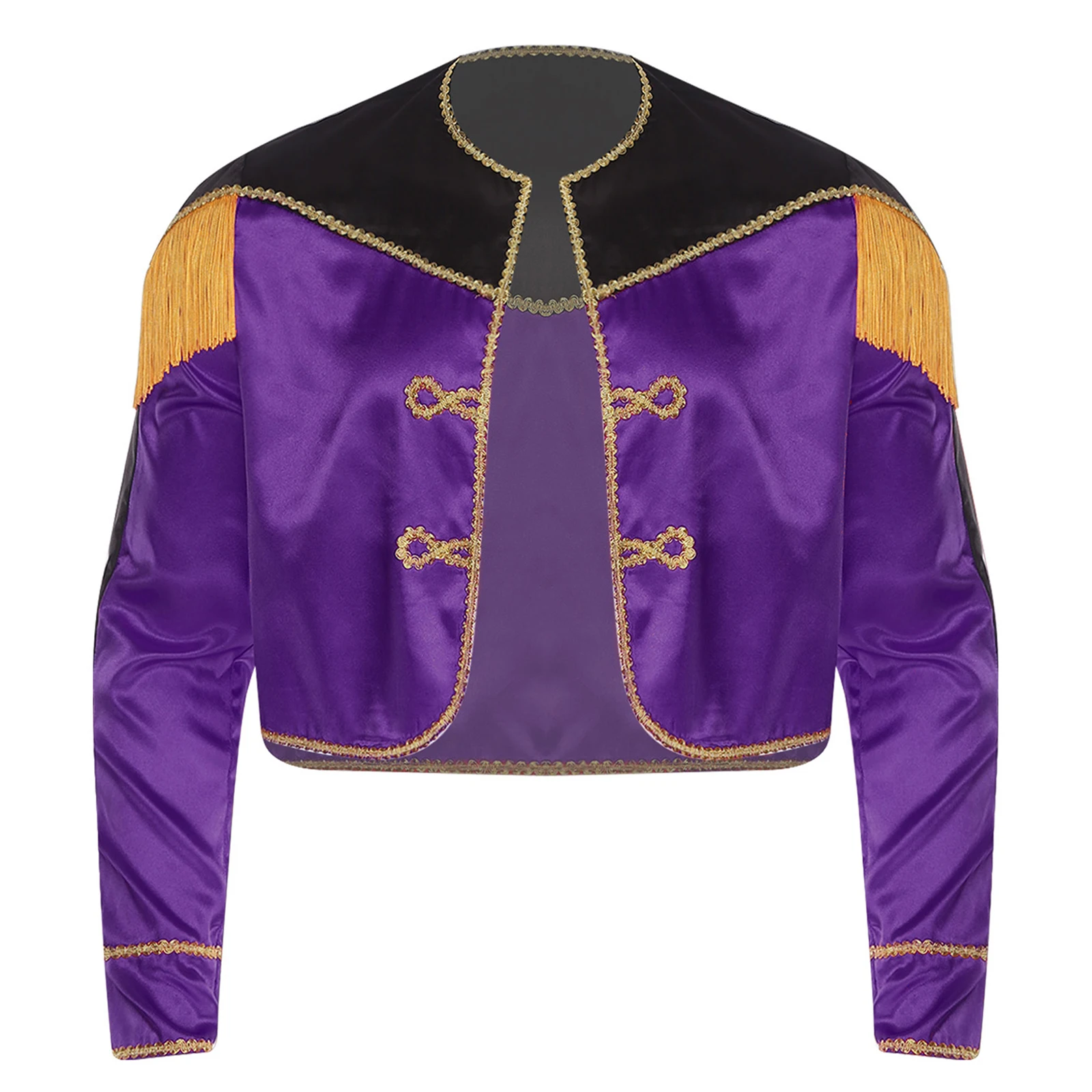 

Men Halloween Spanish Matador Cosplay Performance Coats Long Sleeve Gold Braid Trim Tassels Satin Cropped Jacket for Party Raves