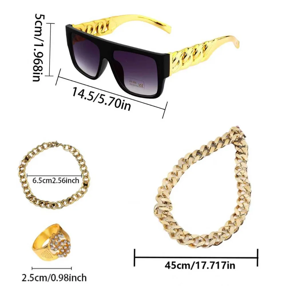 PESENAR 80s 90s Accessories Outfit for Men Hip Hop Costume Kit Old School Rapper Sunglasses Faux Gold Rop