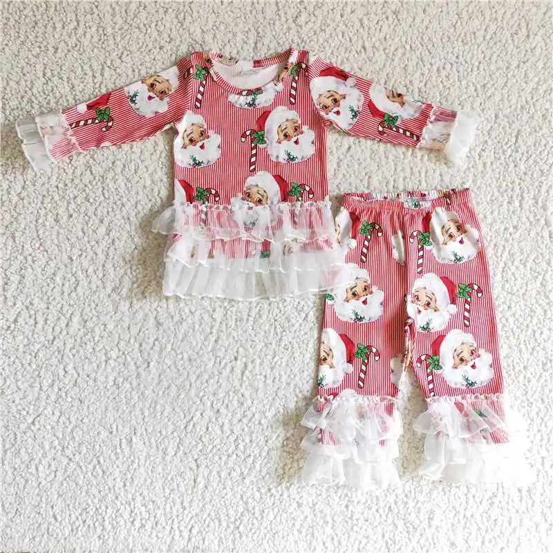 Kids Clothing Christmas Santa Red Stripes Lace Ruffles Baby Girl Wholesale Boutique Long Sleeve Bell Bottom Outfits Children