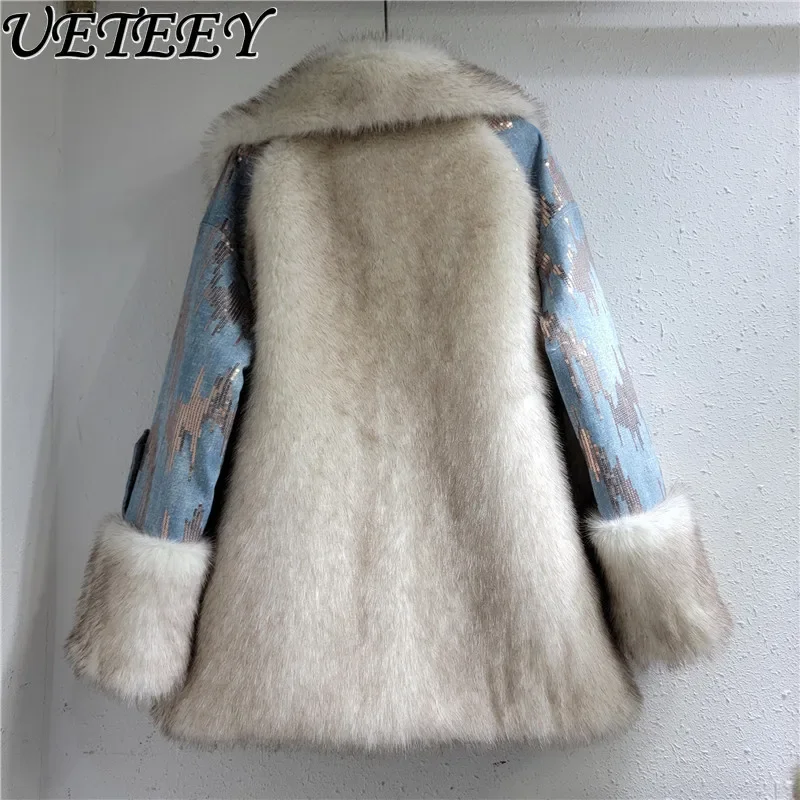 Personality Affordable Luxury Lapel Design Faux Fur Coat Winter Furry Stitching Sequins Denim Loose Slimming Puffer Jacket