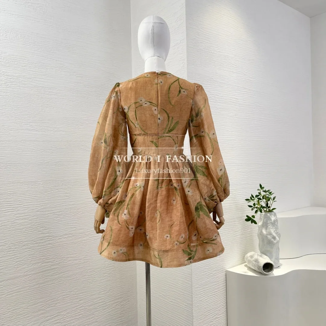 Holiday Style 2025 High Quality Linen Silk Orange Floral Print Long Sleeve V-Neck Pleats Lace-up Women Vintage Mini Dress