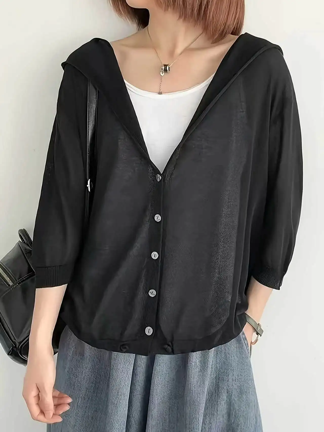 Women's hooded knitted cardigan mid sleeve solid color lightweight transparent yarn sun protection jacket casual loose top
