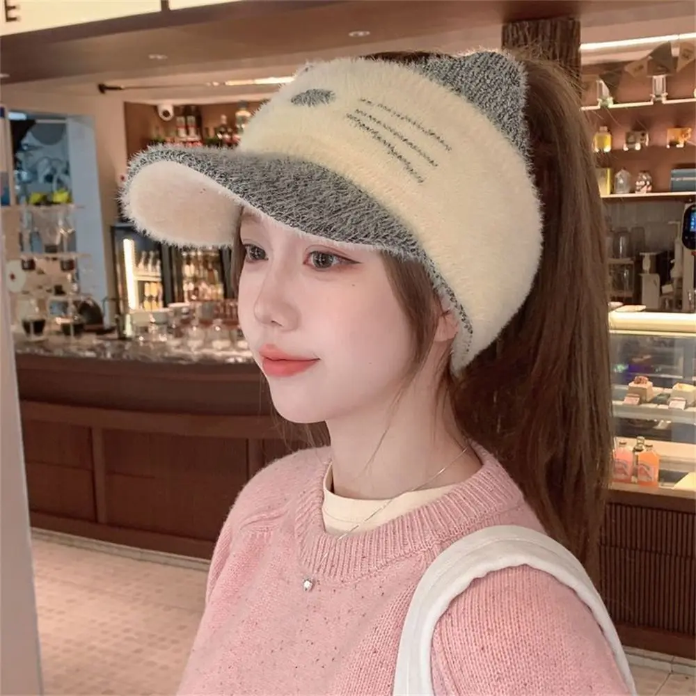 Winter Warm Cute Cat Ear Plush Hat Earmuffs Women Soft Knitted Hat Female Empty Top Baseball Cap Casual Outdoor Windproof Bonnet