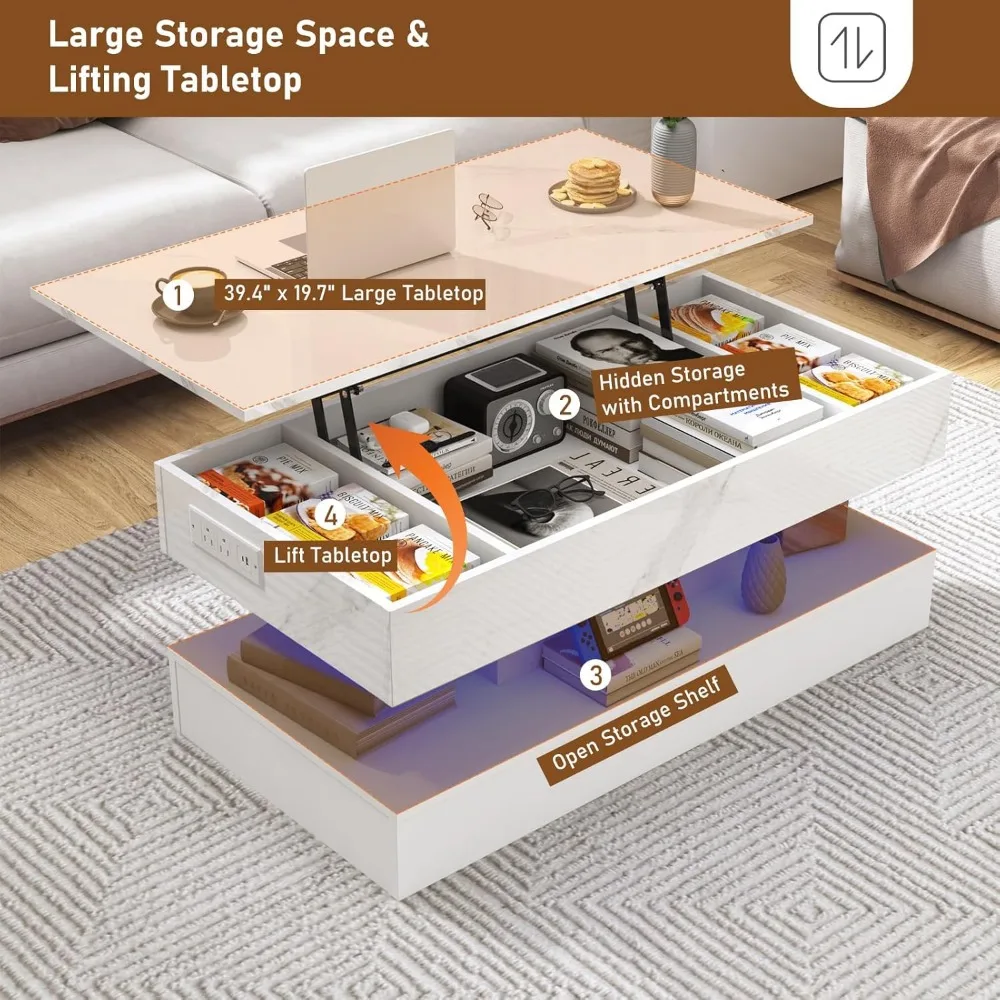 39.4 Grande table basse relevable avec station de recharge, table centrale moderne à LED haute brillance avec compartiment de rangement caché, Whi