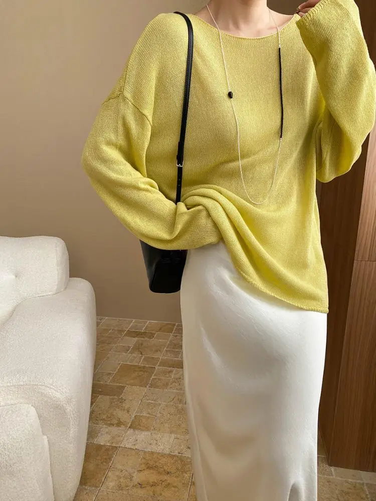 

New Ice Silk Crew Neck Long Sleeve Sunscreen Thin Sweater Spring Summer Korean Fashion Solid Color Casual Loose Women's Knit Top