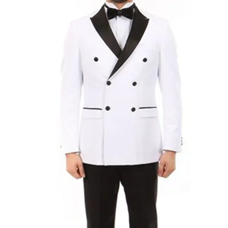 

2 PieceWhite Jacket Black Pant Peak Lapel Formal Wedding Suit For Men Groom Tuxedo Prom Slim Fit Blazer High Quality Custom Set
