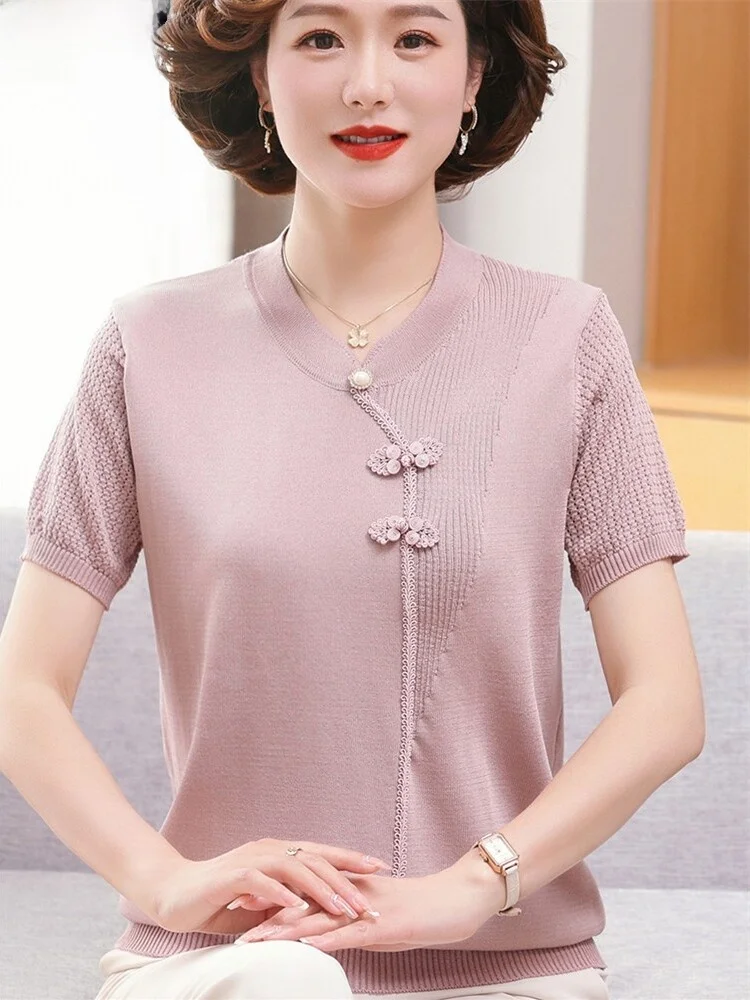 

Faionable Ice Silk Knitted ort Sve T-irt Mommy Sle Top for Middle-Aged And ly Women Summer New Chinese Sle ...