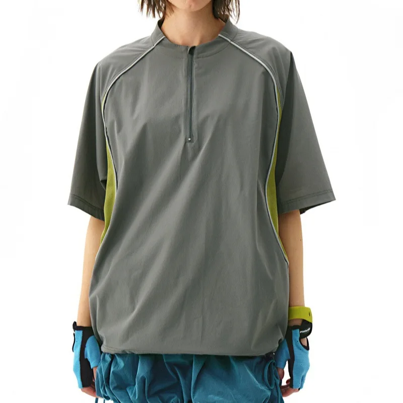 Outdoor Cycling Couple Moisture Absorbing Quick Drying T-shirts Color Blocked Cool Short Sleeved T-shirt Sports Half Zipper Top