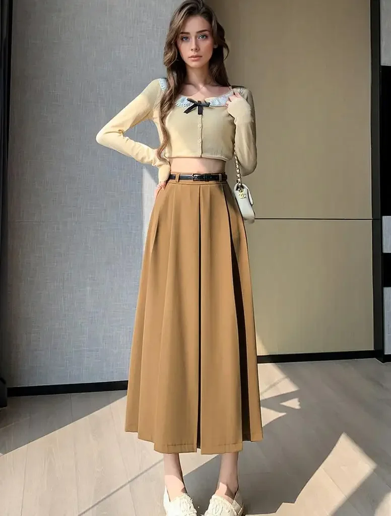 

Pop Elegant Fashion Khaki Casual Pleated Long Skirt For Women Fall High Waist Office OL Big Swing A-Line Skirts Female