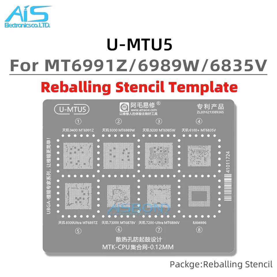 U-MTU 1-5 Plantilla de Reballing BGA para CPUs Qualcomm MT6991Z MT6889Z MT6989W MT6893Z MT6983Z MT6833V MT6873V MT6761V MT6595W 6