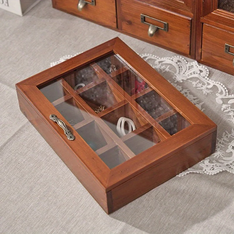 

Деревянная коробка для хранения ювелирных изделий, винтажное настольное украшение с прозрачной крышкой для чая, кофе, коллекционных предметов, домашней организации