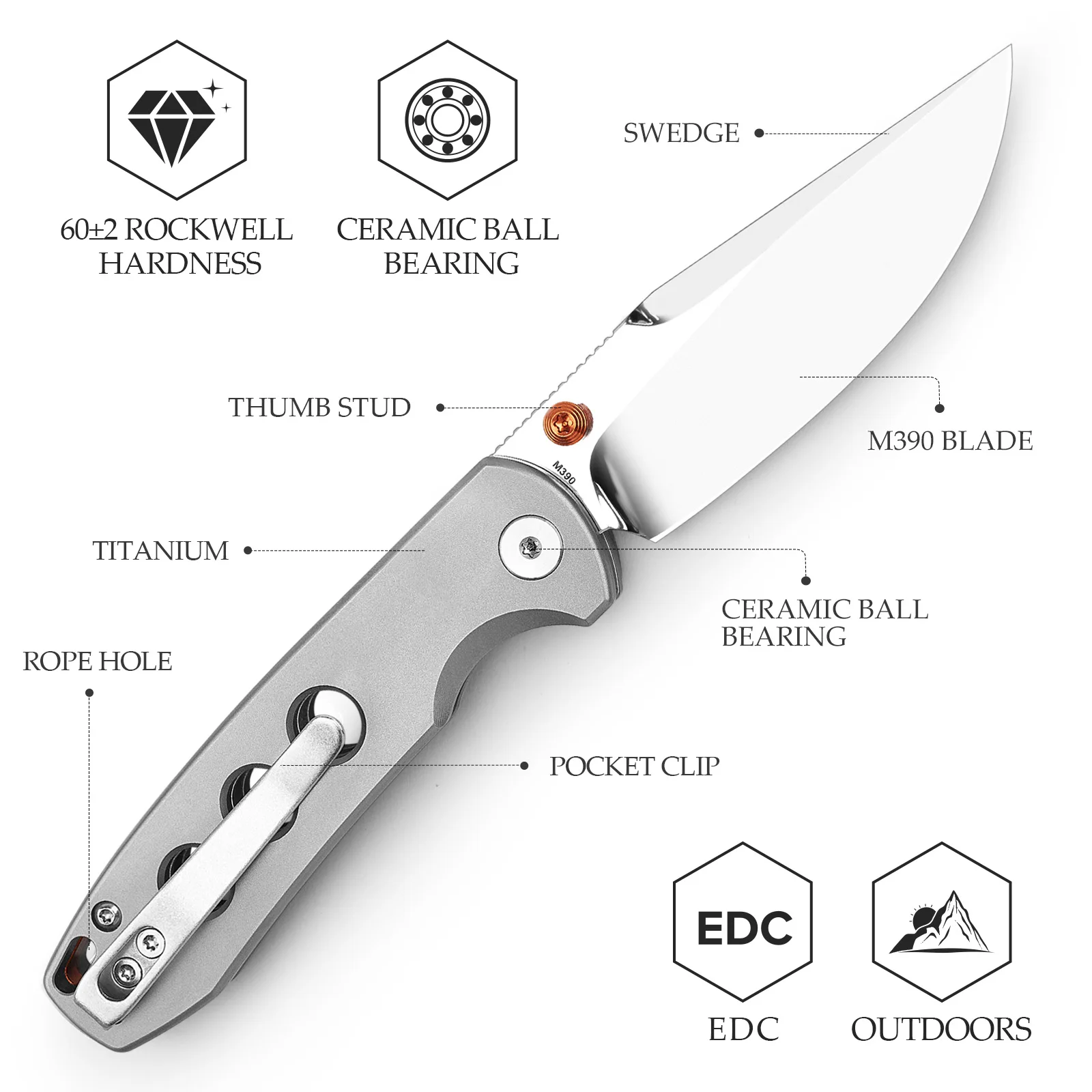 TRIVISA High Quality Folding Pocket Knife Mirror Finished M390 Steel Blade Titanium Handle Outdoor Survival Camping Hunting Tool