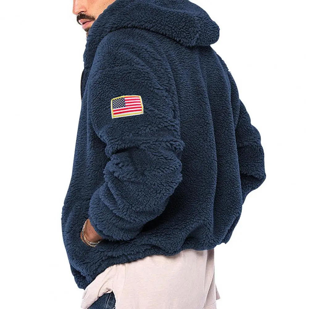 Flag Logo Hooded Jacket Stylish Men's Winter Jacket Plush Hooded Cardigan with Zipper Closure Windproof Design Badge for Fall