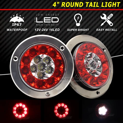 Imagen 1 del producto Par de luces LED traseras rojas redondas de 12-24V, luz de marcha trasera de advertencia de freno inverso para remolque, camión, UTV, RV, caravana, camioneta, VAN, Camper