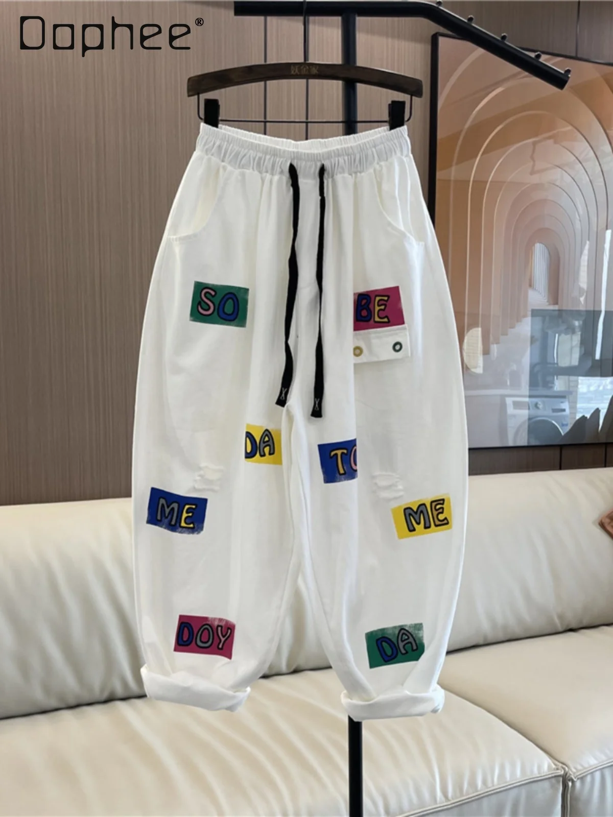 

Printed Ripped Washed Cotton Colorful Casual Pants for Women 2024 Spring Summer New Elastic Waist Thin Loose Cropped Harem Pants