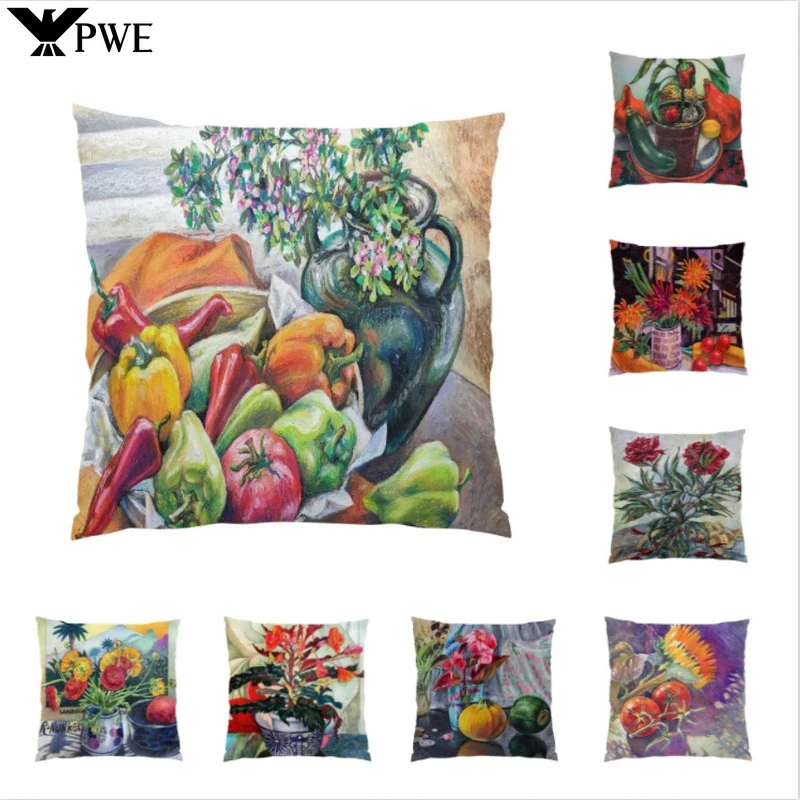 Retro Oil Painting Fruits and Vegetables Pepper Flower Pattern Pillowcase Car Living Room Sofa Decoration Pillowcase 45*45cm