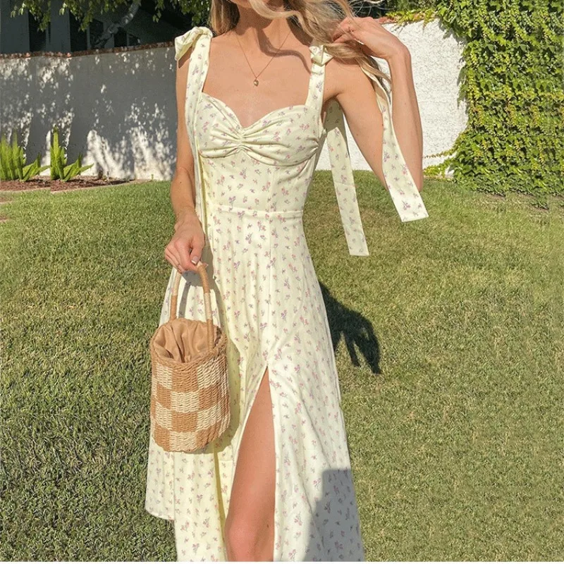 2024 New Women's Fashion Lace Up Floral Printed Backless Split Dress Temperament Commuting Summer Sweet High Waist Women Dresses