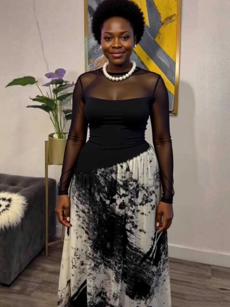 

Elegant Spring Dress for Women Top Black Transparent Sexy Dress with Long Sleeve Boho Chic Pleated Flowy Maxi Dress Slimming