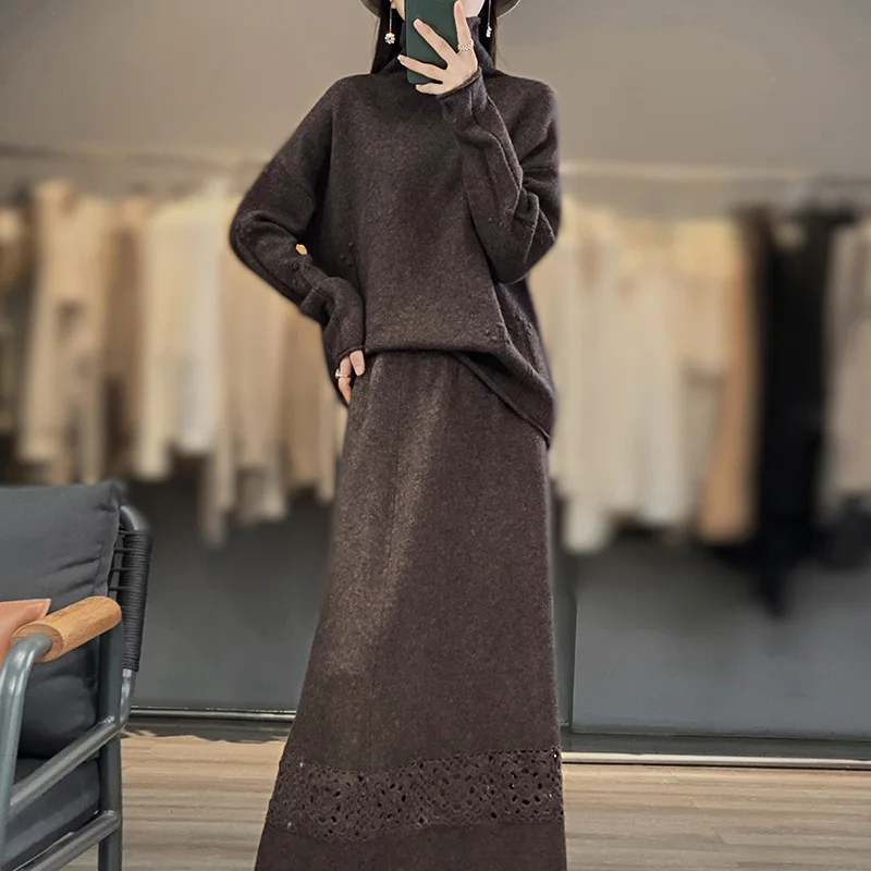 

Autumn and Winter New 100% Pure Wool Classic Fashion Versatile Round Neck Pullover Skirt Set Large Women's Sweater 2023