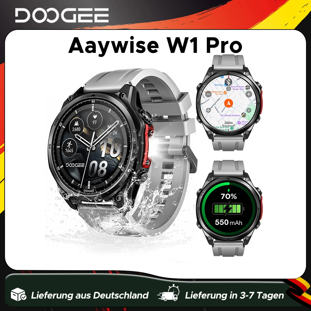Montre connectée DOOGEE ANYWISE W1 PRO, résistance à l'eau 5ATM, carte hors ligne, GPS double bande, surveillance de la santé, fonction de rappel, musique locale