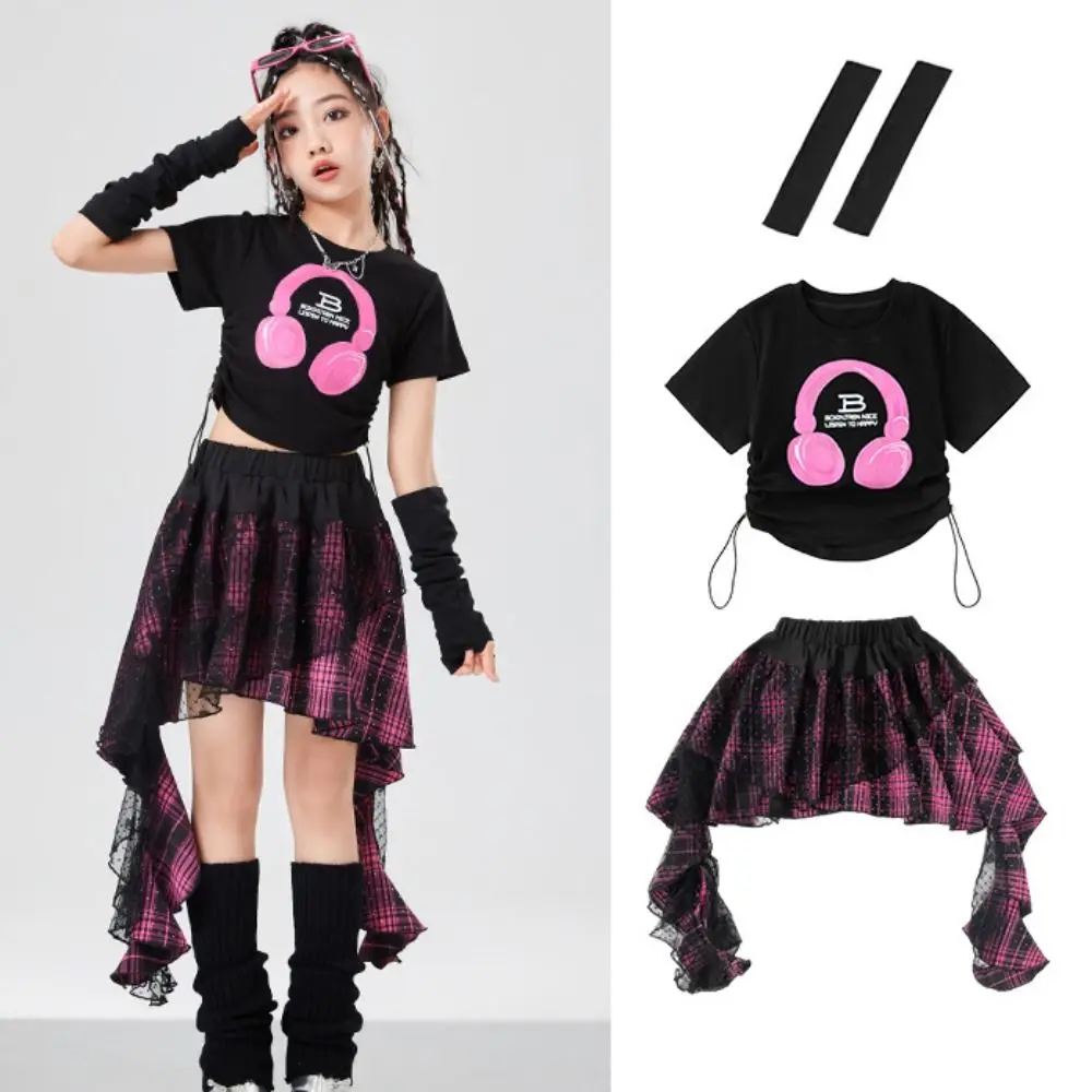 

Ins Style Streetwear Girls Hip Hop Clothes Jazz Teens Y2k Outfits Suit Stage Wear Irregular T-shirt Plaid Skirt Set Stage